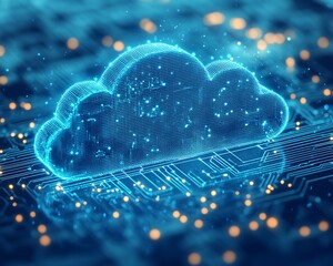 Leinwandbilder - Cloud computing icon in blue with circuit design elements, 3D rendered on a light blue background, illustrating modern digital transformations and data services