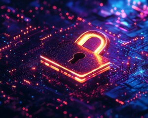Leinwandbilder - Data privacy protection concept with a secure digital padlock within a glowing shield, floating in a virtual dark space, with neon accents for futuristic appeal