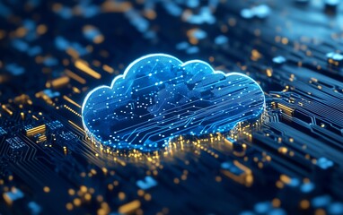 Fototapete - Digital cloud computing icon in blue, featuring a circuit design, 3D rendered on a light blue background, highlighting the evolution of cloudbased services