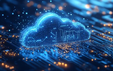 Fototapete - Digital cloud computing icon in blue, featuring a circuit design, 3D rendered on a light blue background, highlighting the evolution of cloudbased services