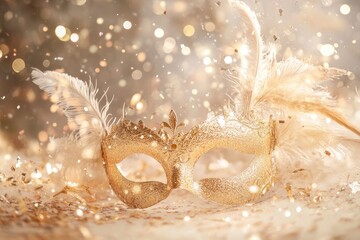 Wall Mural - elegant golden carnival mask with glitter and feathers set against a blurred confetti backdrop for f