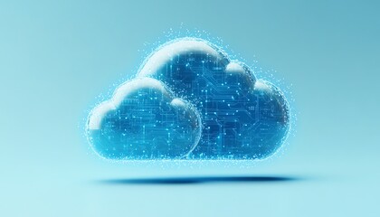 Fototapete - Cloud computing icon in blue with circuit design elements, 3D rendered on a light blue background, illustrating modern digital transformations and data services