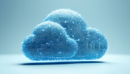 Fototapete - Cloud computing icon in blue with circuit design elements, 3D rendered on a light blue background, illustrating modern digital transformations and data services
