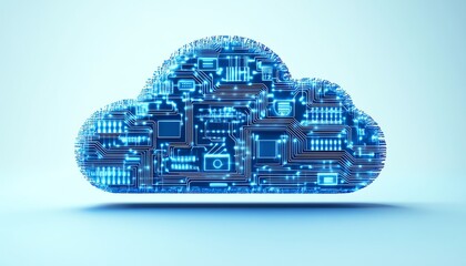 Fototapete - Cloud computing icon in blue with circuit design elements, 3D rendered on a light blue background, illustrating modern digital transformations and data services