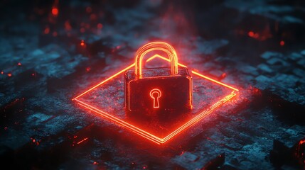 Fototapete - Data privacy protection concept with a secure digital padlock within a glowing shield, floating in a virtual dark space, with neon accents for futuristic appeal