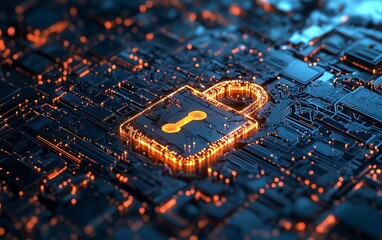Leinwandbilder - Information privacy and data security with a glowing digital padlock embedded in a protective shield, set against a dark abstract background with digital circuits