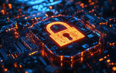 Leinwandbilder - Information privacy and data security with a glowing digital padlock embedded in a protective shield, set against a dark abstract background with digital circuits