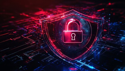 Leinwandbilder - Safety protection and information privacy concept with digital padlock in shield on abstract dark background, glowing neon elements, and futuristic design