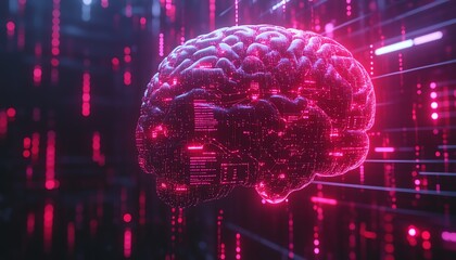 Leinwandbilder - 3D holographic brain with data visualization and glowing neural connections on a technologythemed background, symbolizing advanced cognitive computing and AI