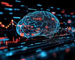 Leinwandbilder - 3D rendered hologram of a brain with dynamic data visualization, set against a futuristic technology background, highlighting artificial intelligence and neural connectivity