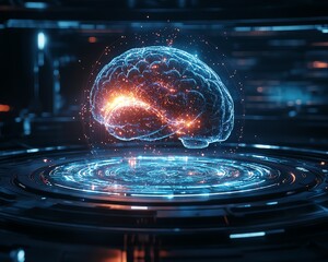 Leinwandbilder - 3D rendered hologram of a brain with dynamic data visualization, set against a futuristic technology background, highlighting artificial intelligence and neural connectivity