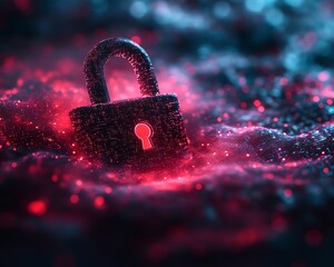 Leinwandbilder - 3D rendering of a digital padlock and shield symbolizing data protection, surrounded by a digital fog, with a hightech abstract dark background for security