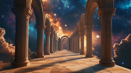 Wall Mural - a celestial sanctuary with glowing pillars and a starry sky visible through open arches digital