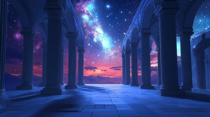 A celestial sanctuary with glowing pillars and a starry sky visible through open arches digital