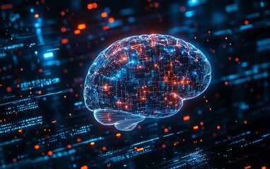 Leinwandbilder - Advanced digital brain hologram with interactive data visualization, glowing circuits, and a futuristic technology background, representing neural computing in 3D