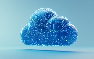 Fototapete - Blue cloud computing icon with circuit design on a light blue background, 3D rendering, symbolizing advanced technology and digital infrastructure