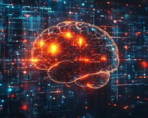 Leinwandbilder - Brain hologram with dynamic data visualization and glowing connections, set against a hightech digital background, symbolizing futuristic AI and neural science