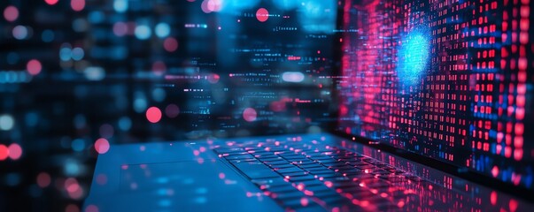 Leinwandbilder - Closeup of office desktop with laptop, glowing blurry AI hologram, and binary coding on a blurry background, double exposure, representing artificial intelligence and programming