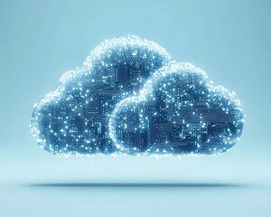 Fototapete - Cloud computing concept with a blue icon and circuit design, 3D rendering on a light blue background, illustrating modern digital solutions and connectivity