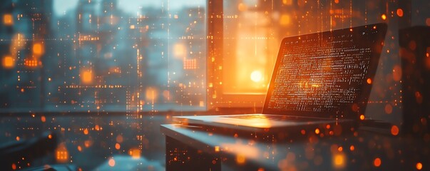 Leinwandbilder - Closeup of office desktop with laptop, glowing blurry AI hologram, and binary coding on a blurry background, double exposure, representing artificial intelligence and programming