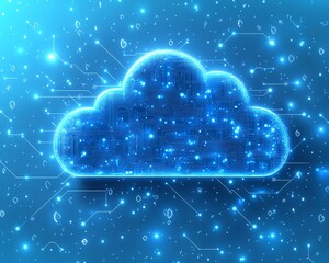 Fototapete - Cloud computing concept with a blue icon and circuit design, 3D rendering on a light blue background, illustrating modern digital solutions and connectivity