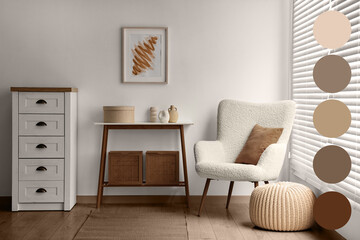 Aufkleber - Stylish living room with console table and other furniture. Interior design with matching color palette