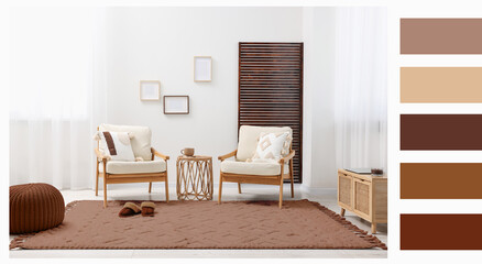 Aufkleber - Stylish living room with elements in mocha mousse shade. Interior design and matching color palette