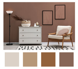 Aufkleber - Stylish living room with elements in mocha mousse shade. Interior design and matching color palette