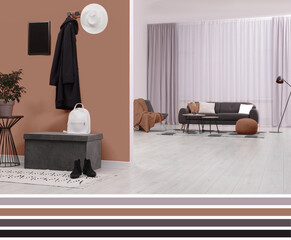 Aufkleber - Stylish apartment with elements in mocha mousse shade. Interior design and matching color palette