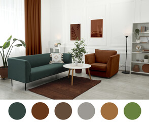 Aufkleber - Stylish living room with elements in mocha mousse shade. Interior design and matching color palette