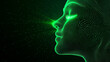 © MashMash - Futuristic digital portrait of a glowing green female face with flowing energy waves, AI technology concept, cybernetic aesthetics, and neon light effects.