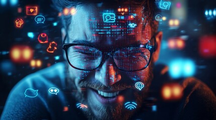 Wall Mural - a smiling man with glasses is surrounded by colorful digital icons, representing technology and soci