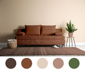 Aufkleber - Stylish living room with elements in mocha mousse shade. Interior design and matching color palette