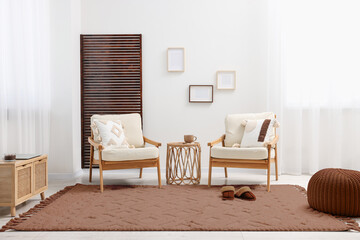Poster - stylish living room with elements in mocha mousse shade. interior design with trendy color of 2025 y