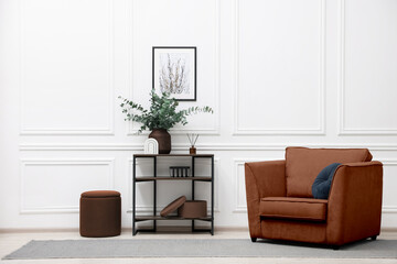 Aufkleber - Stylish living room with elements in mocha mousse shade. Interior design with trendy color of 2025 year