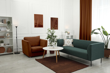 Poster - stylish living room with elements in mocha mousse shade. interior design with trendy color of 2025 y