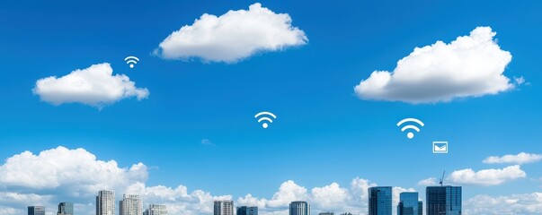 Fototapete - A skyline featuring modern buildings under a bright blue sky with fluffy clouds and Wi-Fi symbols, representing technology and connectivity.