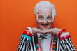 © oneinchpunch - Funny grandmother portraits. Senior old woman dressing elegant for a special event. granny fashion model on colored backgrounds