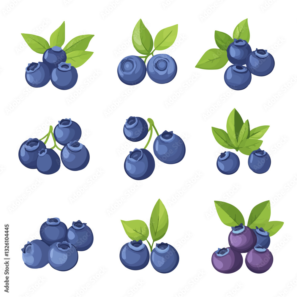 Very Simple flat 2D icon blueberry set collection with leaf isolated on ...