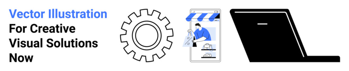 Gear for productivity, online store screen, and laptop highlight innovation, e-commerce, and collaboration. Ideal for business, technology, productivity, workflow e-commerce teamwork flat landing
