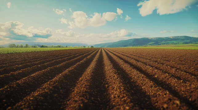 Realistic plowed field and rich soil under blue sky for agriculture and farming themes
