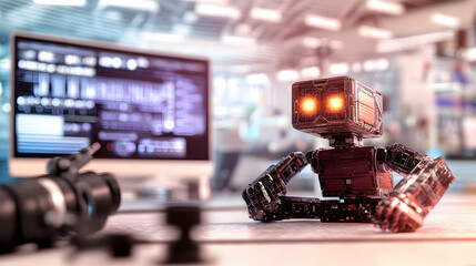 A futuristic robot sits near a computer screen on a desk