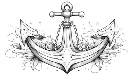 Wall Mural - Line Art Anchor, Flowers, Nautical Illustration Drawing, Coloring Page, Tattoo, Design Element