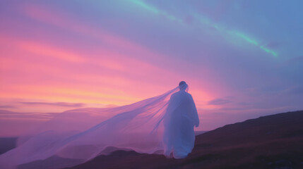 Wall Mural - Mystical northern lights and dance silhouette in ethereal sunset scene