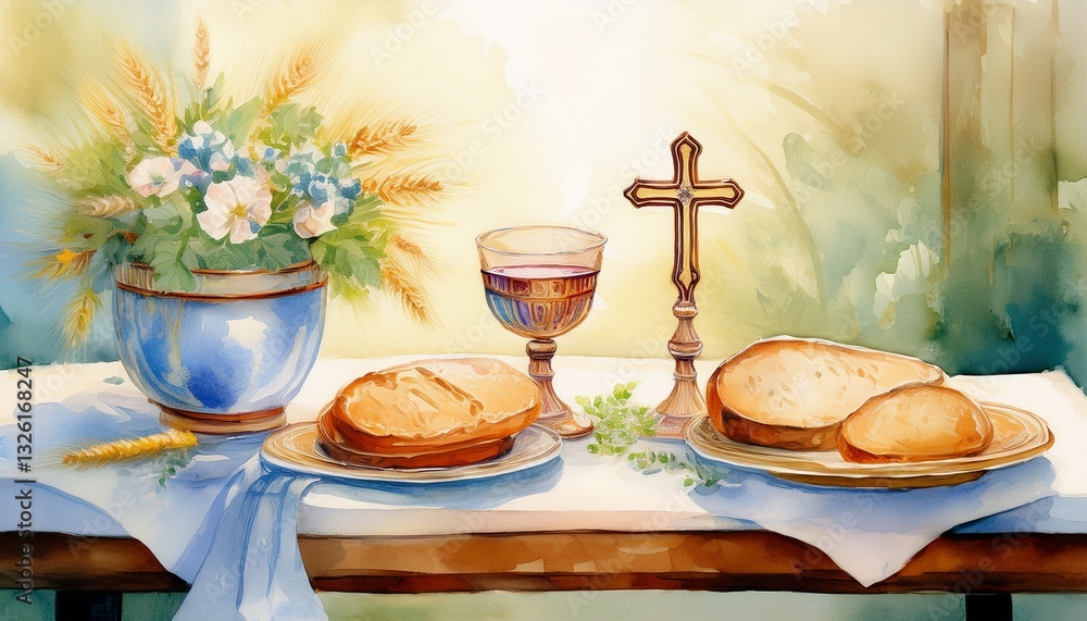 Open Communion Table Soft watercolor depiction of a First Communion table featuring wine ...