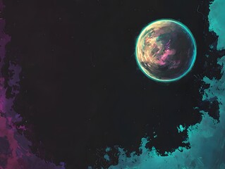 Wall Mural - solitary planet in deep black space showcasing a bright blue and pink hue surrounded by a vast cosmi