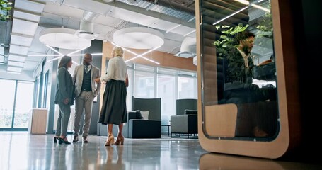 Poster - Collaboration, conversation and meeting with business people in lobby of office for planning. Discussion, management or teamwork and employee group in workplace with pod for development or review