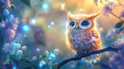 A cute owl with big blue eyes perched on a tree branch
