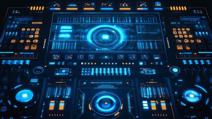 Futuristic Control Interface with Blue Neon Lights and Displays