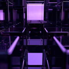 Poster - Abstract Purple Reflections: A Geometric Labyrinth of Glass and Light, Modern Art Installation Detail